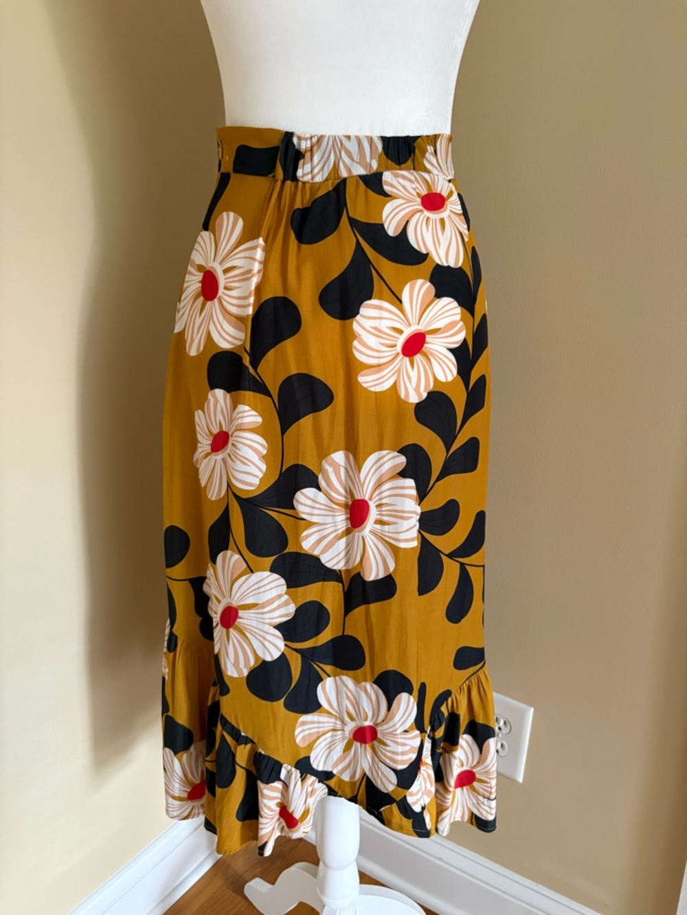 Eva Franco Mustard Floral Midi Skirt with Black and Cream
